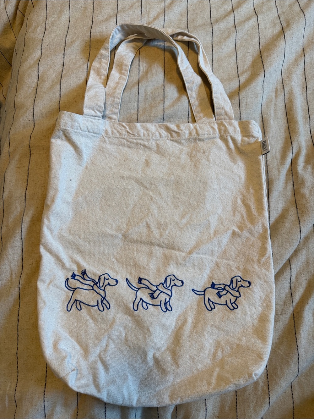 Canvas Dog Tote Bag with Blue Embroidered Dachshunds